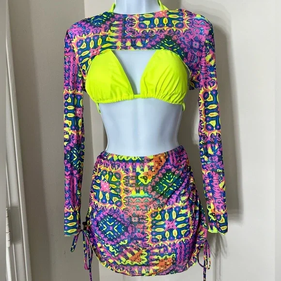 4pc Yellow Triangle Halter High Cut Bikini Set with Shrug & Drawstring Skirt - Picture 3 of 12